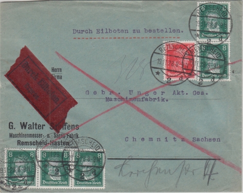 DR - 5x8 Pfg. Beethoven u.a. Eilbrief Remscheid - Chemnitz 1928