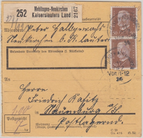 DR - 2x50 Pfg. Hindenburg Paketkarte Mehlingen-Neukirchen - Naumburg 1934