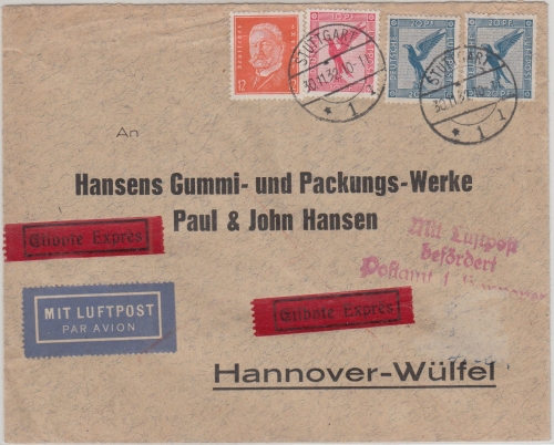 DR - 2x20 Pfg. Flugpost Luftpost-Eilbrief Stuttgart - Hannover 1932