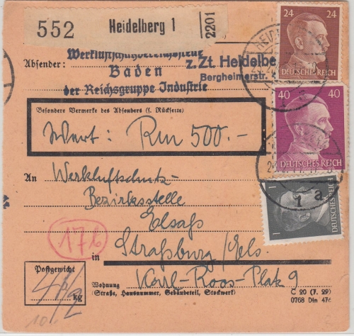 DR - 40+24+1 Pfg. AH Wertpaketkarte Heidelberg - Straßburg 1944 Absender !!