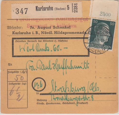 DR - 50 Pfg. AH/Oberrand Wertpaketkarte "Rüstungsgut" Karlsruhe 5 - 1944