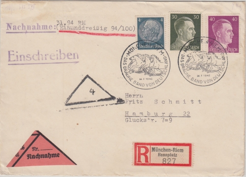 DR - 40 Pfg. AH u.a. Nachnahme R-Brief SST München-Riem Braunes Band 1942