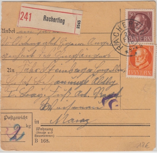 Bayern - 50+30 Pfg. Ludwig Einschreiben-Soldatenpaketkarte Racherting Mainz 1918