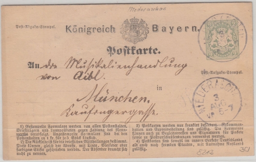 Bayern - K1 Niederaschau 3.AUG 2 Kr. Ganzsache n. München 1873