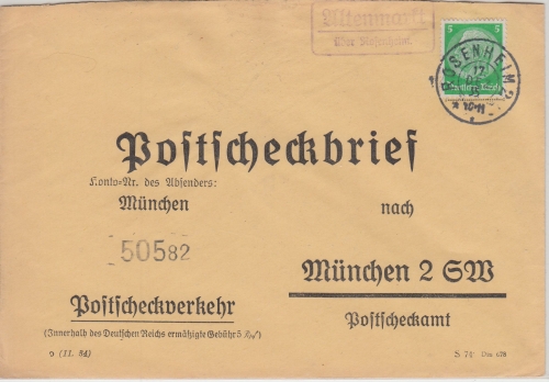 DR - 5 Pfg. Hindenburg Postscheckbrief Altenmarkt ü. Rosenheim Landpost-Ra2 1935