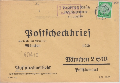 DR - 5 Pfg. Hindenburg Postscheckbrief Thanschau ü. Rosenheim Landpost-Ra2 1936