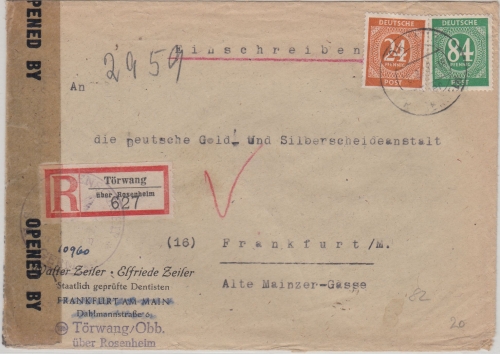 All.Bes./Kontrollrat - Törwang ü. Rosenheim Pst.I Einschreibebrief n. FFM 1947