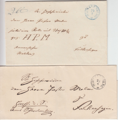 Thurn & Taxis - Schwalenberg K1 (blau/schwarz) 2 Briefe n. Falkenhagen ca. 1855