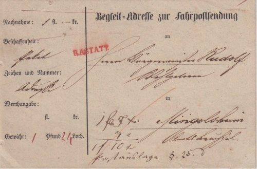 Baden - Rastatt roter L1 Begleitadresse zur Fahrpostsendung n. Mingolsheim 1857