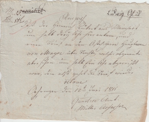 Württemberg - Öhringen 12. Juni 1815 hds. Recepisse n. Mainfurt (b. Lohr)
