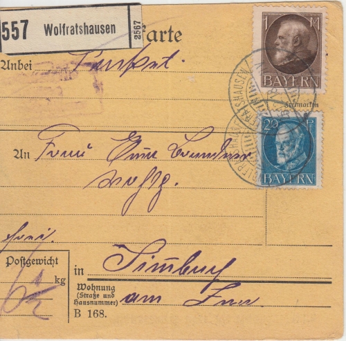 Bayern - Egling T- Wolfratshausen Posthilfstelle-Ra3 Paketkarte n. Simbach 1918