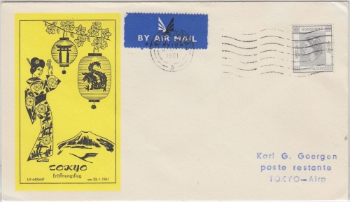 Hongkong - LH-1st-Flug FFM-Tokio Etappe Hongkong-Tokio Luftpostbrief 1961