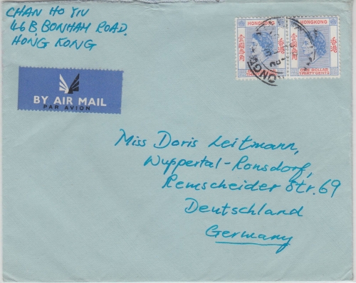 Hongkong - 2x1,30$ Elisabeth Luftpostbrief n. Wuppertal 1961