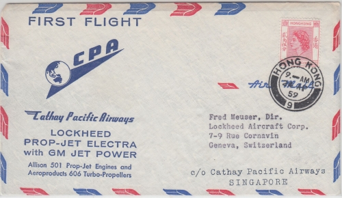 Hongkong - CPA First Flight Lockheed Prop-Jet Luftpostbrief i.d. SCHWEIZ 1959