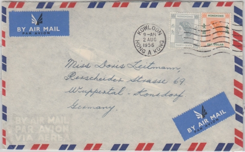 Hongkong - 1$+30 C. Elisabeth Luftpostbrief Kowloon - Wuppertal 1956