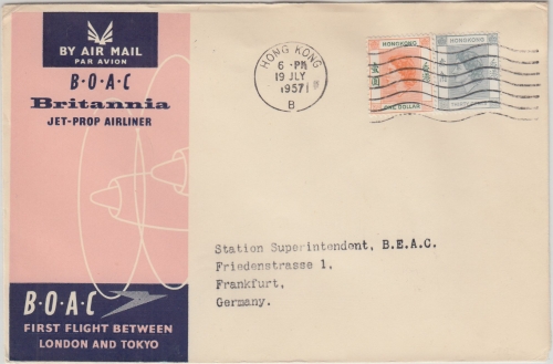 Hongkong - BOAC First Flight Hongkong - Frankfurt a/M Luftpostbrief 1957