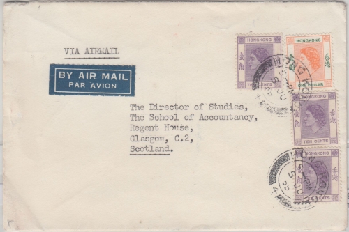 Hongkong - 1$+3x10 C. Elisabeth Luftpostbrief n. SCOTLAND 1955