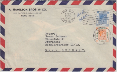 Hongkong - 1$+30 C. Georg VI. Luftpostbrief Kowloon - Pforzheim 1953