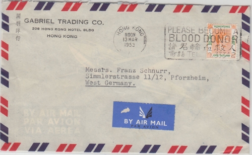 Hongkong - 1$ Georg VI. Luftpostbrief n. Pforzheim 1953