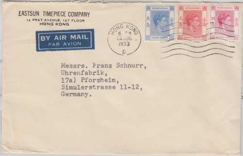 Hongkong - 80+30+20 C. Georg VI. Luftpostbrief n. Pforzheim 1953