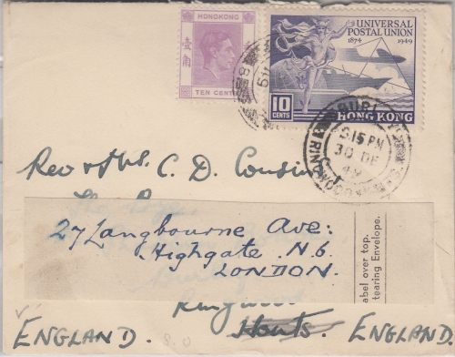Hongkong - 10 C. 75 J. UPU u.a. Brief n. England 1949 Nachsendevermerk