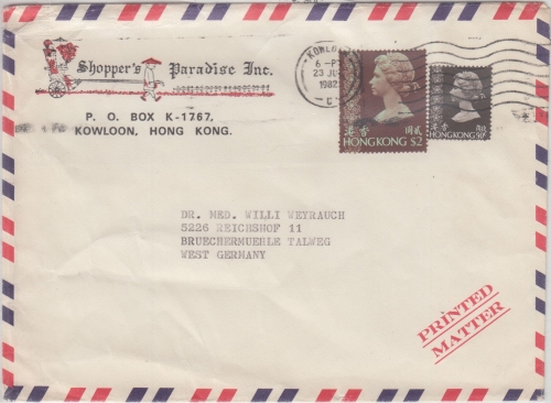 Hongkong - 2$+90C. Elisabeth Luftpost-Drucksache Kowloon - Reichshof 1982