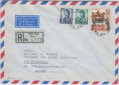 Hongkong - 1 $ Freimarke ua. Luftpost Einschreibebrief Tsim Sha - Flensburg 1971