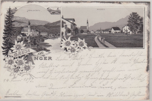 Bayern - Anger Ortsansicht Höglwörth sw-Mehrbild-Litho gelaufen 1897