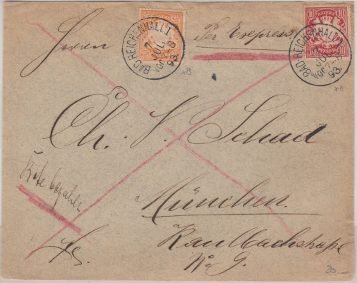 Bayern - 10+25 Pfg. Wappen Eilbrief Bad Reichenhall - München 1893