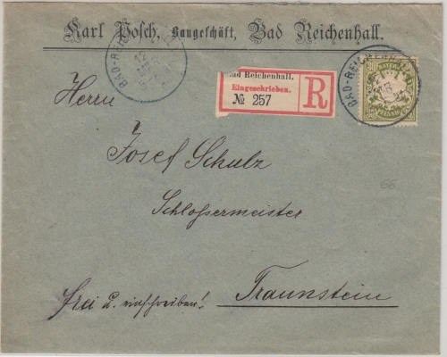 Bayern - 30 Pfg. Wappen Einschreibebrief Bad Reichenhall - Traunstein 1902