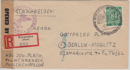 All.Bes./Kontrollrat - 84 Pfg. Ziffer Einschreibebrief Winnenden - Berlin 1946