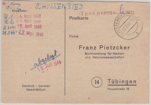 FZ/Württemberg - Schussenried 18.2.46 Taxe percue ...Rp L1 Karte n. Tübingen