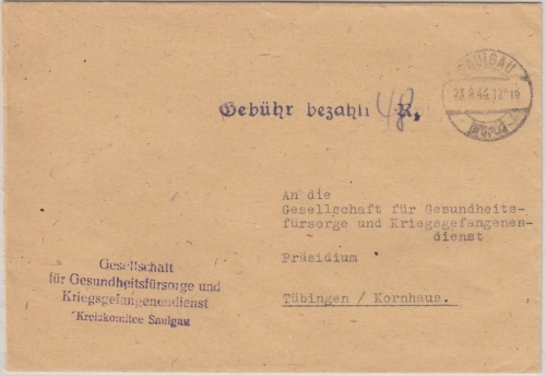 FZ/Württemberg - Saulgau Gebühr bezahlt 48 Rpf. SKS-L1 Brief n. Tübingen 23.9.46