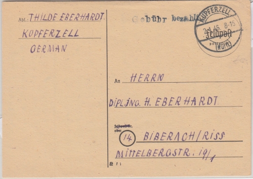 FZ/Württemberg - Kupferzell Gebühr bezahlt SKS-L1 Karte n. Biberach 2.1.46