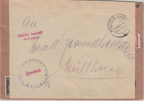 FZ/Baden - Müllheim Gebühr bezahlt/Port paye L2 Ortsbrief 15.10.45