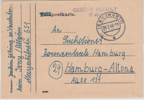 FZ/Württemberg - Isny Gebühr bezahlt 12 Rpf. SKS-L2 Karte n Hamburg (Suchdienst)