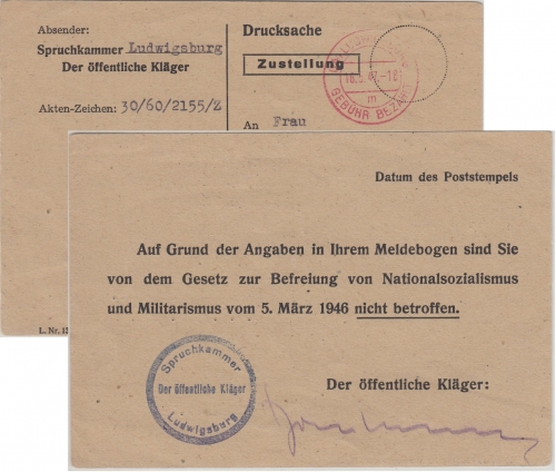 FZ/Württemberg Ludwigsburg 16.5.47 Gebühr bezahlt Tagesstempel Spruckkammerkarte