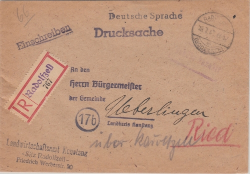 FZ/Baden Radolfzell Gebühr bezahlt Einschreiben-Drucksache n. Überlingen 19.7.47