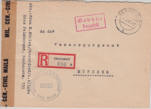 All.Bes. - Oberstdorf 5.9.45 Gebühr bezahlt Ra2 Einschreibebrief n. München