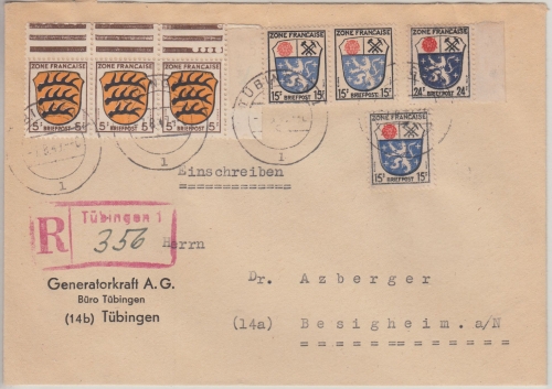 FZ/Allg. - 24+3x15+3x5 Pfg. Wappen Einschreibebrief Tübingen - Besigheim 7.8.57