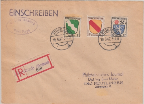FZ/Allg. - Stockach 10.4.47 Teilbar-Frankatur Einschreibebrief n. Reutlingen