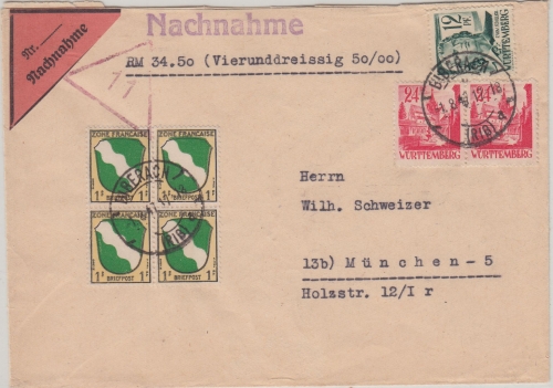 FZ/Württemberg - Biberach (Riss) 1.8.47 Nachnahmebrief n. München