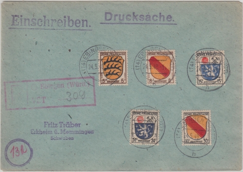 FZ/Württemberg - Ebingen VST (Versandstelle) Einschreibebrief 24.5.48 n. Erkheim