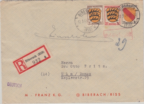 FZ/Allg. - Biberach (Riss) 12.3.46 Teilbar-Frankatur Einschreibebrief n. Ulm