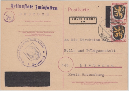 FZ/Allg. - OPD Tübingen 6 Pfg. Aufbrauchs-GA + Zusatz Zwiefalten 3.7.46
