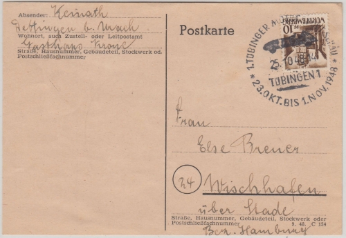 FZ/Württemberg - Tübingen 25.10.48 SST Motorsportschau Karte n. Wischhafen