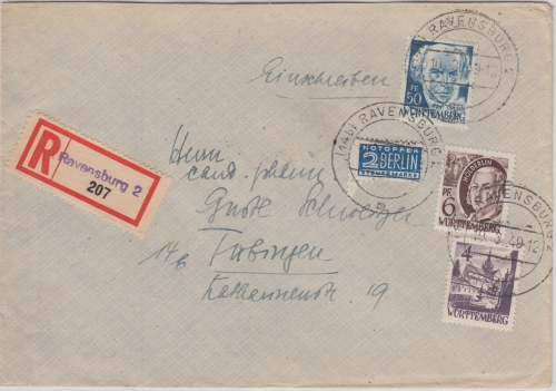 FZ/Württemberg - 50 Pfg. 2. Ausg. u.a. Einschreibebrief Ravensburg 10.3.49