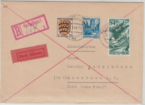 FZ/Württemberg - 84 Pfg. u.a. 1. Ausg. Eil-Einschreibebrief Reutlingen 18.3.48