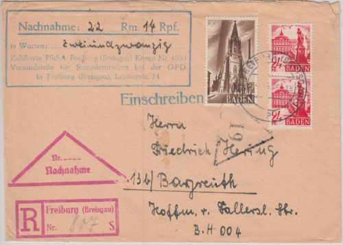 FZ/Baden - 1 M. u.a. 1.Ausg. Nachnahme Einschreibebrief Freiburg - Bayreuth 1948