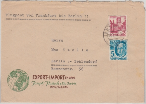 FZ/Württemberg - 20+5 Pfg. 3.Ausg. Luftpostbrief Isny - Berlin 20.5.49